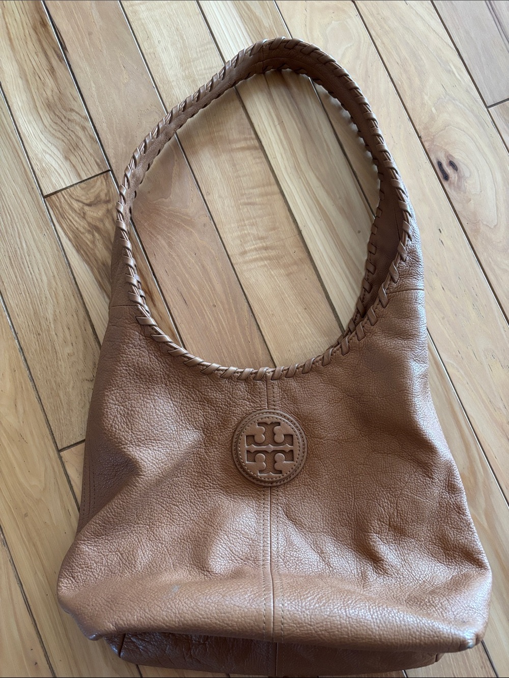 Tory Burch Cognac Leather Shoulder Hobo with Logo Medallion